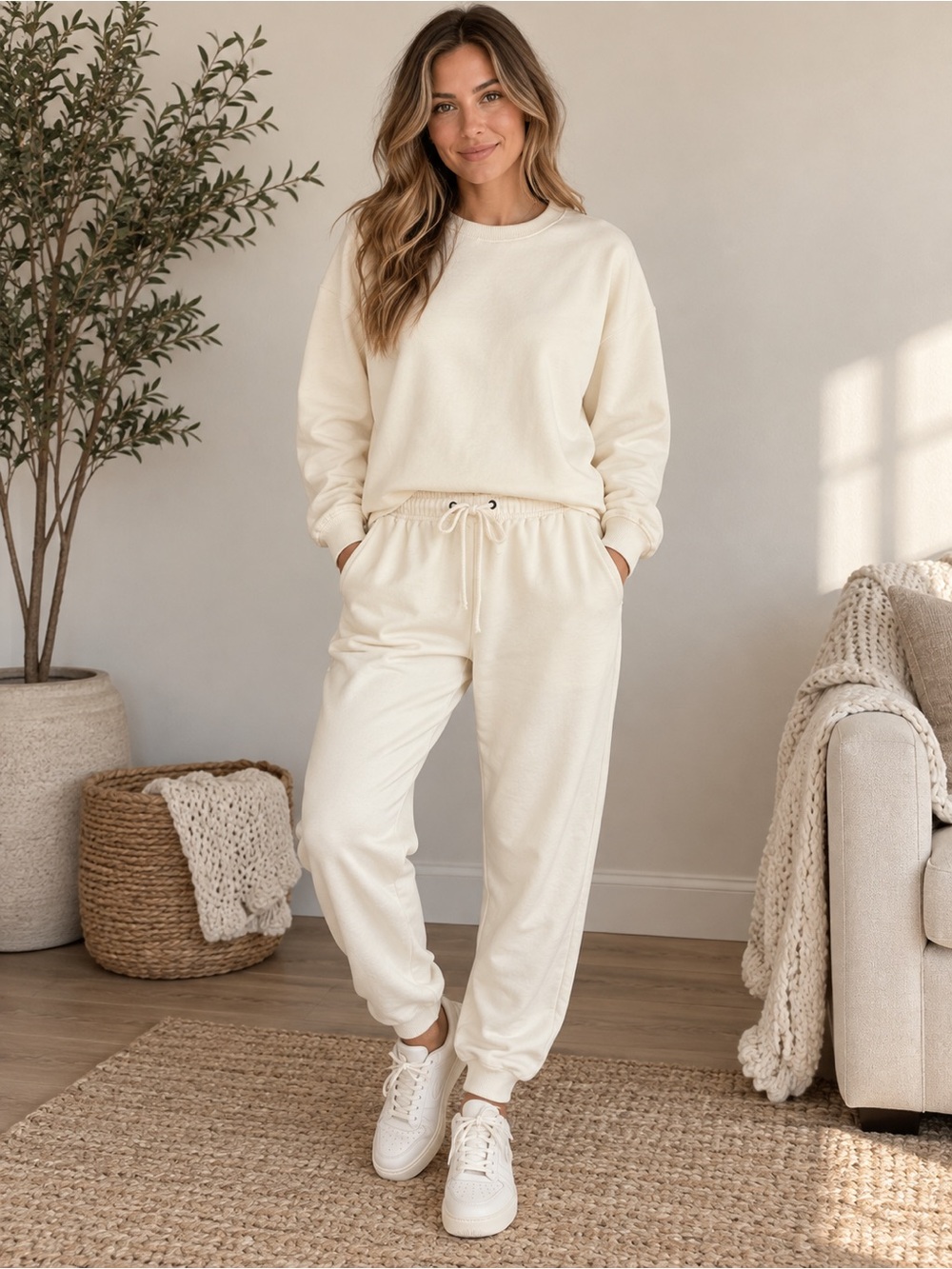 NET International Cream Sweatshirt Jogger Two Piece Set Size Medium